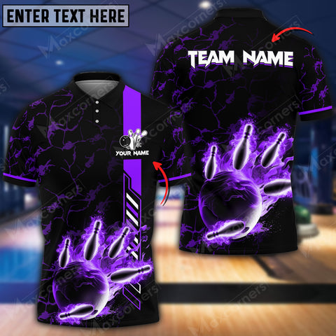 Max Corner Bowling and Pins Flame Ball Magma Pattern Multicolored Bowling jerseys Custom Name And Team 3D Polo Shirt