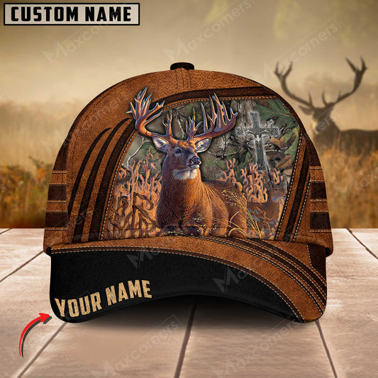 Maxcorners Premium Line Deer Hunting Leather Pattern Personalized Cap 3D Multicolored
