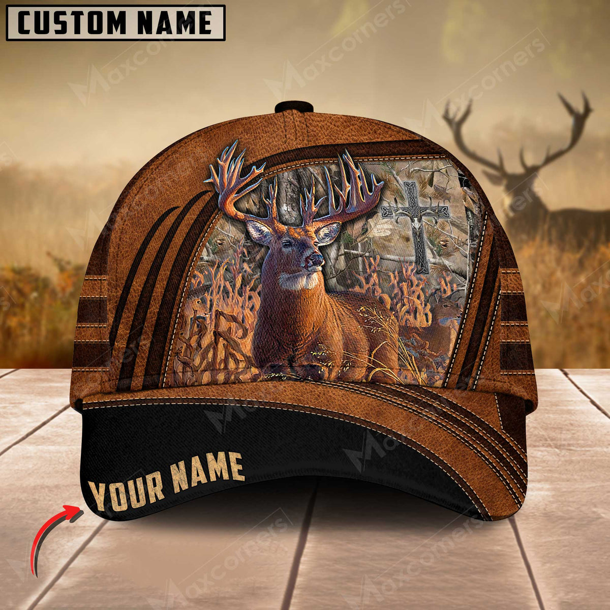 Maxcorners Premium Line Deer Hunting Leather Pattern Personalized Cap 3D Multicolored