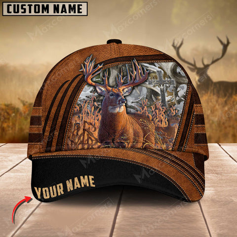 Maxcorners Premium Line Deer Hunting Leather Pattern Personalized Cap 3D Multicolored