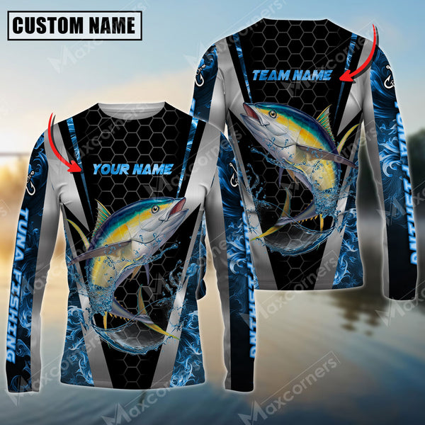 Maxcorners Tuna Fishing Sun Protection Blue Smoke Pattern Sport Jersey Personalized Name And Team Name Long Sleeve Shirt