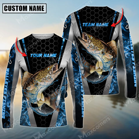 Maxcorners Walleye Fishing Sun Protection Blue Smoke Pattern Sport Jersey Personalized Name And Team Name Long Sleeve Shirt