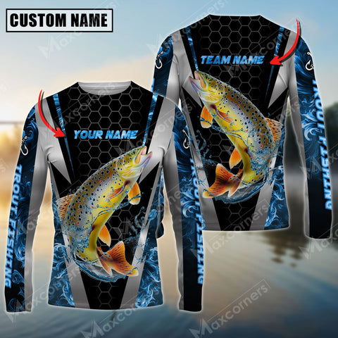 Maxcorners Trout Fishing Sun Protection Blue Smoke Pattern Sport Jersey Personalized Name And Team Name Long Sleeve Shirt