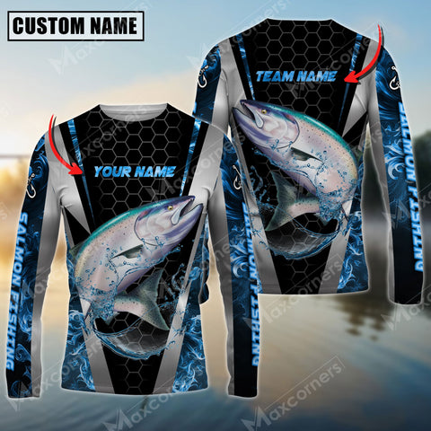 Maxcorners Salmon Fishing Sun Protection Blue Smoke Pattern Sport Jersey Personalized Name And Team Name Long Sleeve Shirt