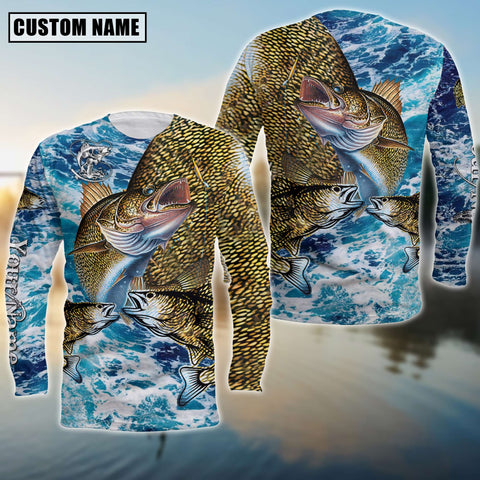 Maxcorners Walleyes Fishing Water Flow Art Pattern Sport Jersey Personalized Name And Team Name Long Sweat Shirt