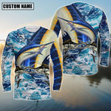 Maxcorners Marlin Fishing Water Flow Art Pattern Sport Jersey Personalized Name Long Sweat Shirt