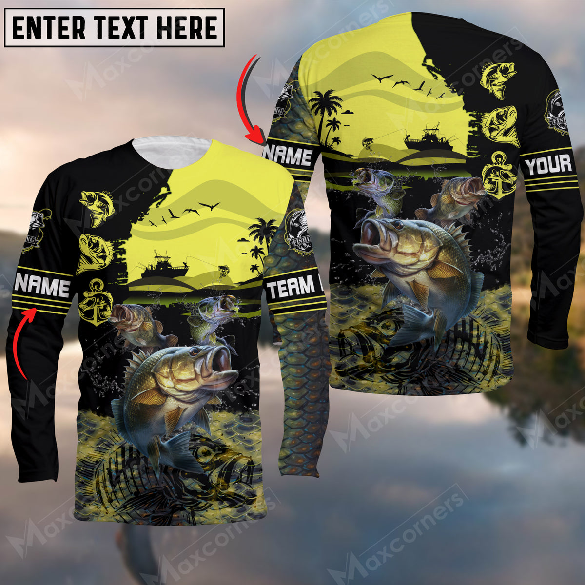 Maxcorners Bass Fishing Skin Fishing Pattern Cracked Art Sport Jersey Personalized Name And Team Name Long Sweat Shirt