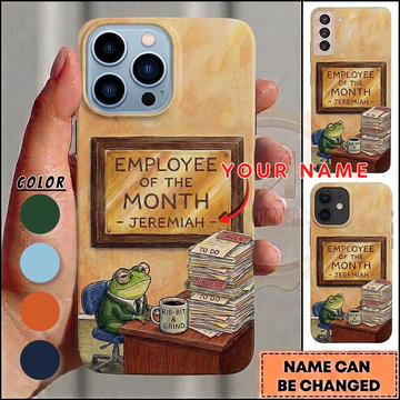 (5 Colors) Maxcorners Personalized Funny Office Frog Phone Case with Employee of the Month Sign, Coffee Mug, Paperwork and Custom Name