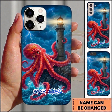 Maxcorners Personalized Red Octopus Phone Case with Lighthouse, Stormy Ocean Waves, Lightning, Rocky Coast and Custom Name