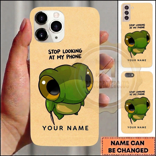 Maxcorners Personalized Cute Green Frog Phone Case with Stop Looking at My Phone Quote, Big Eyes, Minimal Cartoon Style and Custom Name