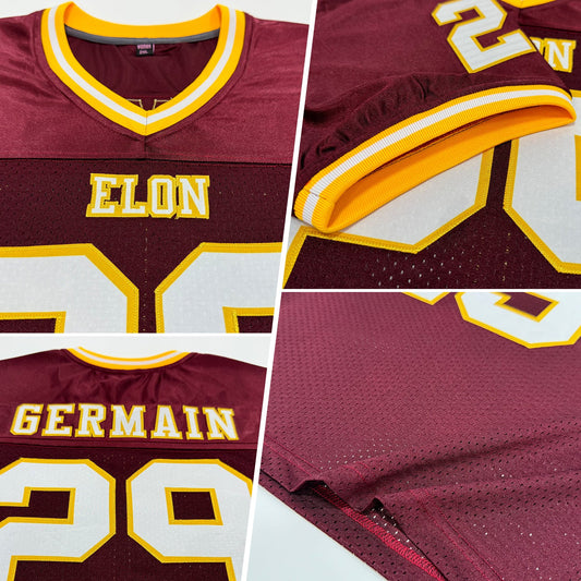 Maxcorners Custom Burgundy White-Gold Mesh Authentic Throwback Football Jersey LM2605