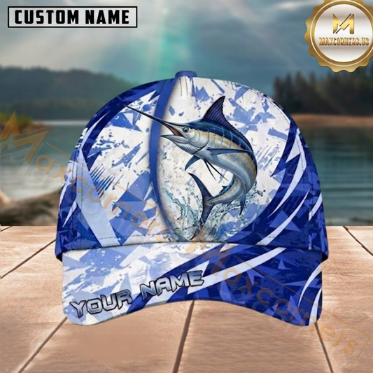 Maxcorners Blue White Abstract Splash Pattern Custom Name Fishing Cap