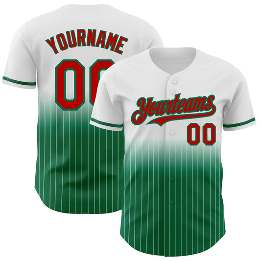 Maxcorners Custom White Pinstripe Red-Kelly Green Authentic Fade Fashion Baseball Jersey LM2605