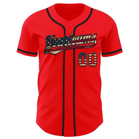 Maxcorners Custom Fire Red Vintage USA Flag-Black Authentic Baseball Jersey LM2605