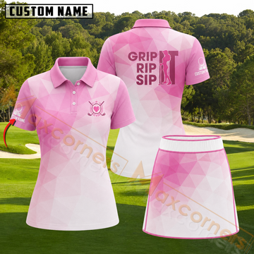 Maxcorners Pink Geometric Grip Rip Sip Personalized Name 3D Golf Shirt and Skirt