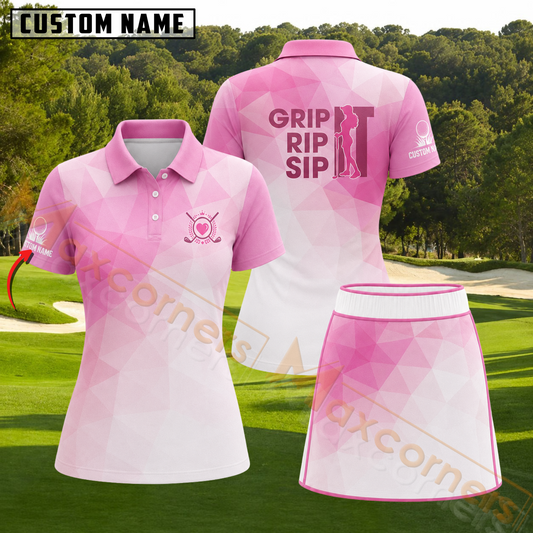 Maxcorners Pink Geometric Grip Rip Sip Personalized Name 3D Golf Shirt and Skirt