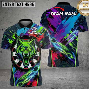 Maxcorners Wolf Darts Angry Wolf Neon Green Cyberpunk Splatter Dartboard Multicolor Options Personalized Name, Team Name 3D Shirt .