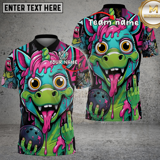 Maxcorners Bowling Angry Unicorn Slime Monster Middle Finger Graffiti Turquoise Pink Multicolor Options Personalized Name, Team Name 3D Shirt .