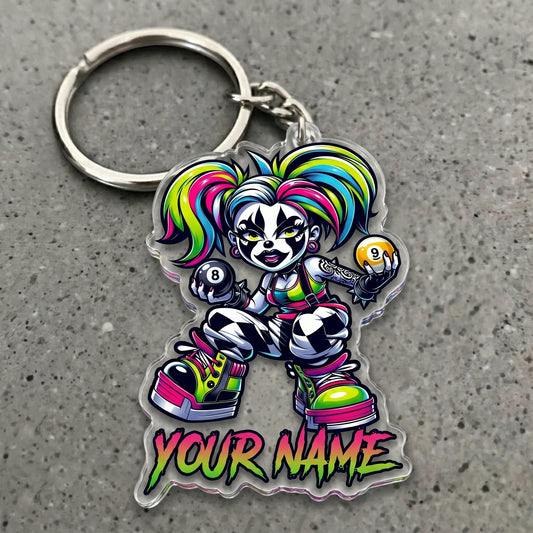Maxcorners Neon Clown Girl Billiards Harlequin Style Multicolor Options Personalized Name, Your Name 3D Keychain