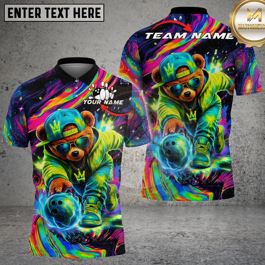 Maxcorners Bowling Hip Hop Bear Psychedelic Galaxy Multicolor Options Personalized Name, Team Name 3D Shirt