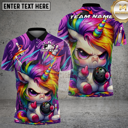 Maxcorners Bowling Shirt Angry Rainbow Unicorn Multicolor Options Personalized Name, Team Name 3D Shirt