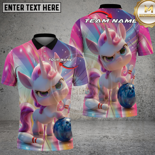 Maxcorners Bowling Unicorn Pastel Fantasy Multicolor Options Personalized Name, Team Name 3D Shirt