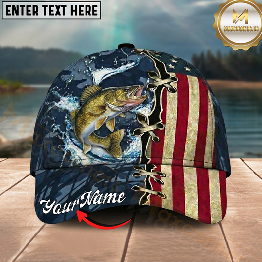 Maxcorners Fishing Cap Patriotic Bass Lace-Up Design Multicolor Options Personalized Name (12 Fish Species)