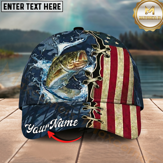 Maxcorners Fishing Cap Patriotic Bass Lace-Up Design Multicolor Options Personalized Name (12 Fish Species)