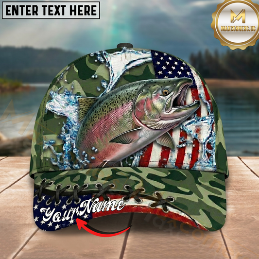 Maxcorners Fishing Cap Patriotic Salmon Camo Design Multicolor Options Personalized Name (12 Fish Species)
