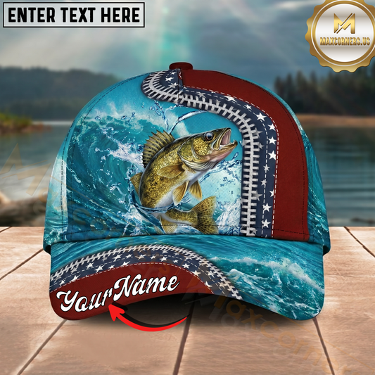 Maxcorners Fishing Cap Patriotic Wave And Zipper Design Multicolor Options Personalized Name (12 Fish Species)