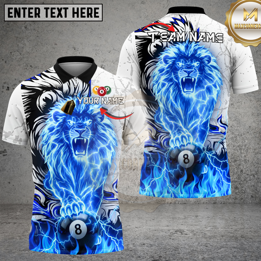 Maxcorners Lion Billiards Blue Electric Lightning Power Design Multicolor Options Personalized Name, Team Name 3D Shirt (4 Colors)