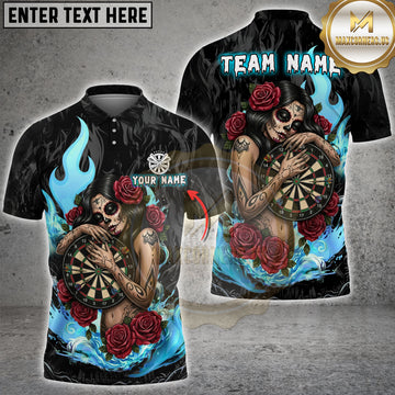 Maxcorners Darts Sugar Skull Rose Gothic Flame Multi Options Personalized Name, Team Name Unisex 3D Shirt (4 Colors)
