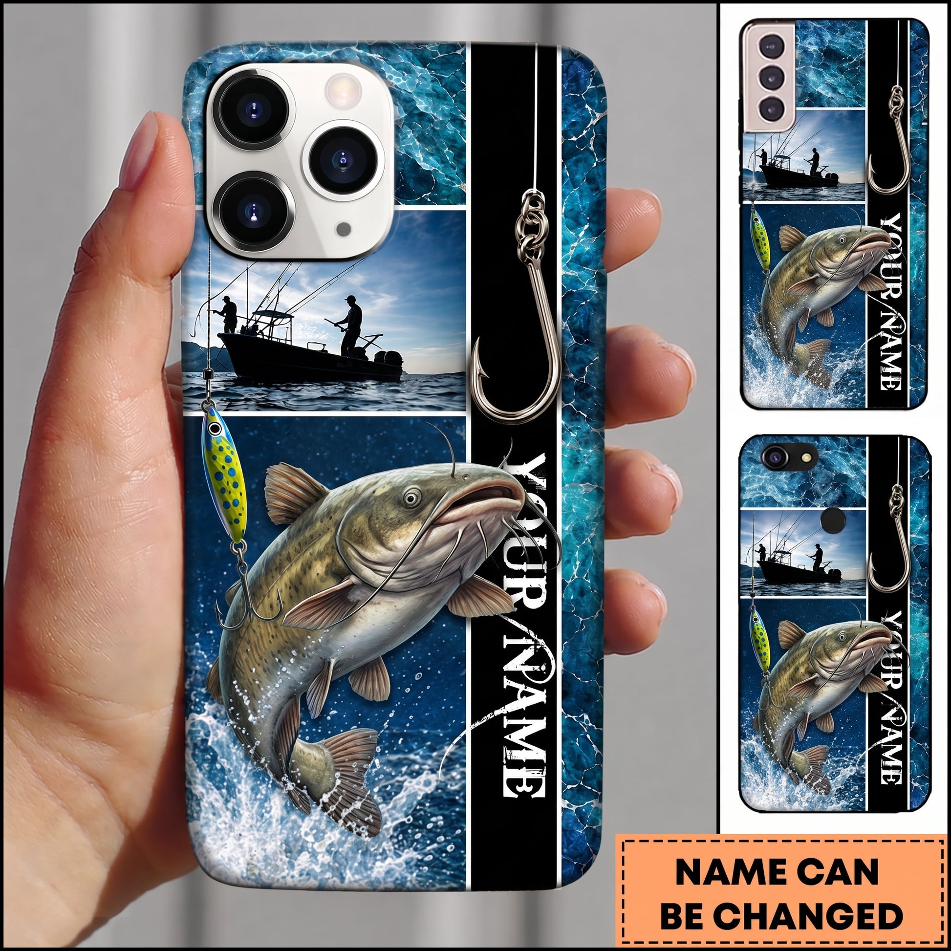 Maxcorners Fishing Hook and Ocean Collage Design Personalized Name Pho