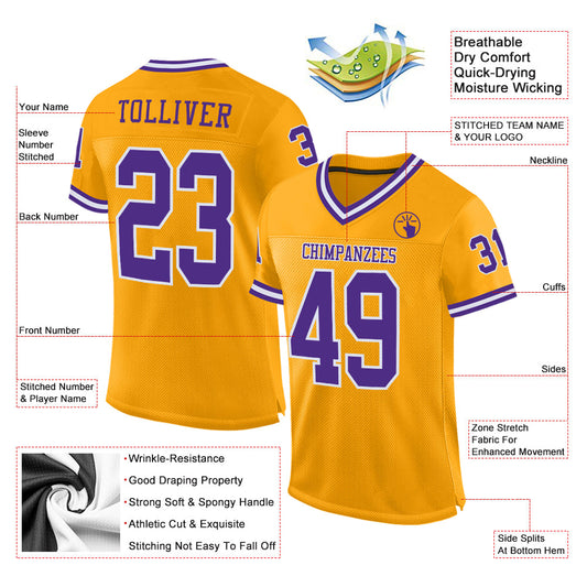 Maxcorners Custom Gold Purple-White Mesh Authentic Throwback Football Jersey LM2605