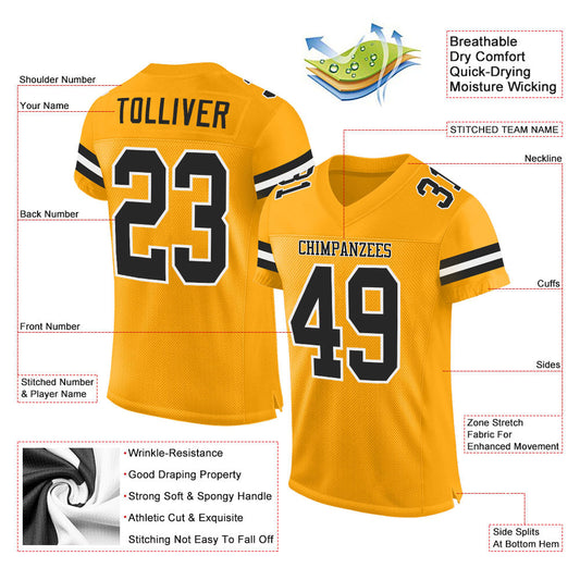 Maxcorners Custom Gold Black-White Mesh Authentic Football Jersey LM2605