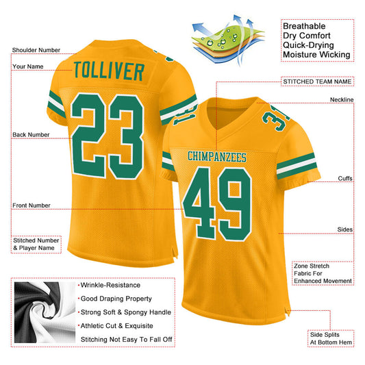 Maxcorners Custom Gold Kelly Green-White Mesh Authentic Football Jersey LM2605