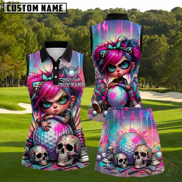 Maxcorners Colorful Angry Girl And Skulls Golf Personalized Name 3D Golf Shirt and Golf Skirt