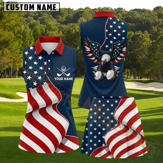 Maxcorners American Flag And Bald Eagle Golf Personalized Name 3D Golf Shirt and Golf Skirt