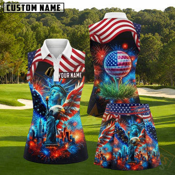 Maxcorners Statue Of Liberty Eagle Fireworks Golf Personalized Name 3D Golf Shirt and Golf Skirt