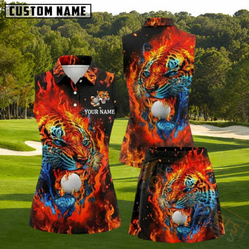 Maxcorners Flaming Tiger Biting Golf Ball Golf Personalized Name 3D Golf Shirt and Golf Skirt