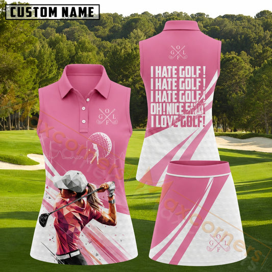 Maxcorners Pink White I Hate Golf I Love Golf Funny Quote Personalized Name 3D Golf Shirt and Skirt