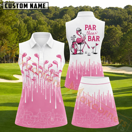 Maxcorners Pink Dripping Golf Clubs and Flamingo Bar Personalized Name 3D Golf Shirt and Skirt