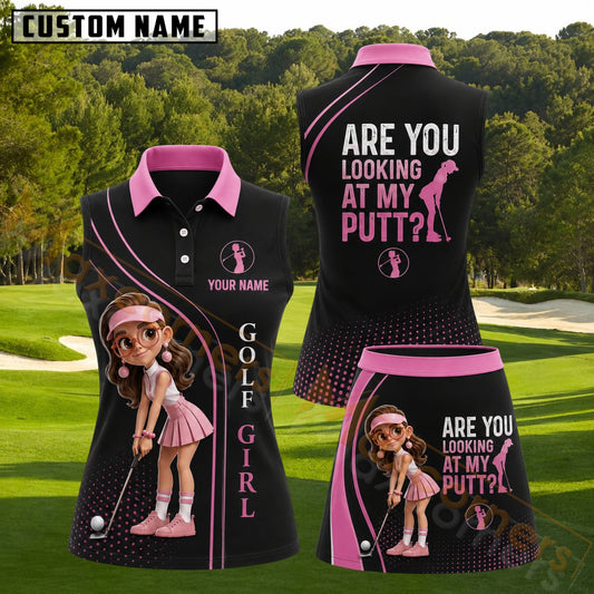 Maxcorners Black Pink Are You Looking At My Putt Personalized Name 3D Golf Shirt and Skirt