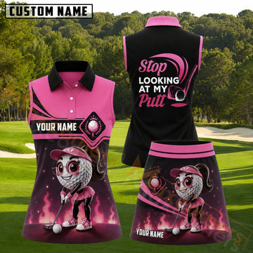 Maxcorners Pink Girl Golfer Stop Looking at My Putt Personalized Name 3D Golf Shirt and Golf Skirt
