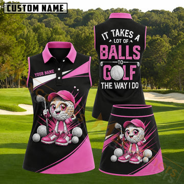 Maxcorners Black and Pink Cute Golf Ball Girl Personalized Name 3D Golf Shirt and Skirt