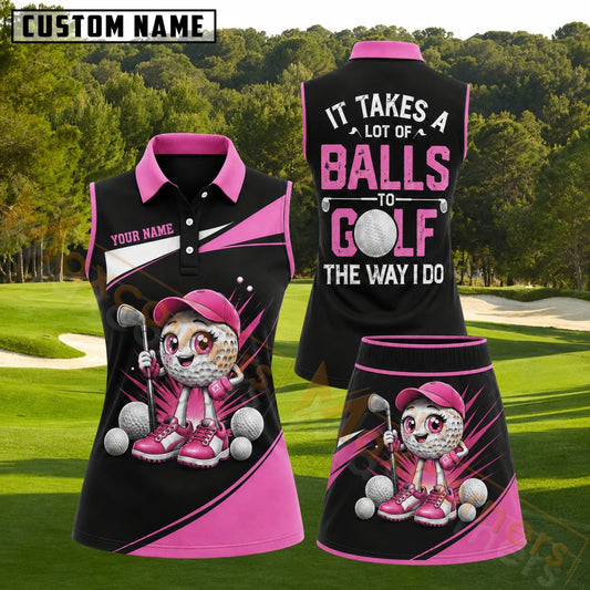 Maxcorners Black and Pink Cute Golf Ball Girl Personalized Name 3D Golf Shirt and Skirt