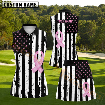 Maxcorners Pink Ribbon American Flag Golf Personalized Name 3D Golf Shirt and Golf Skirt
