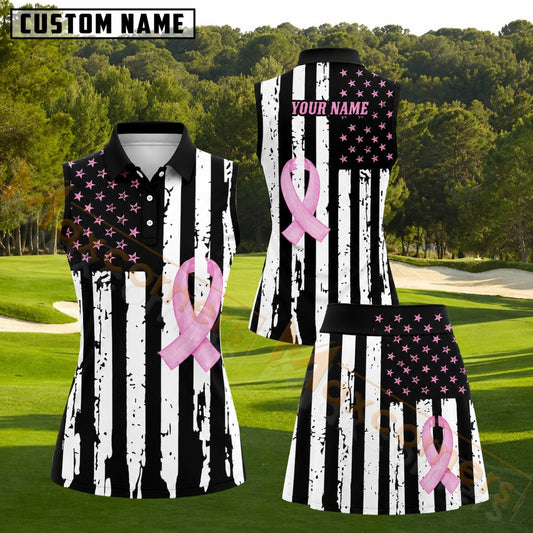 Maxcorners Pink Ribbon American Flag Golf Personalized Name 3D Golf Shirt and Golf Skirt