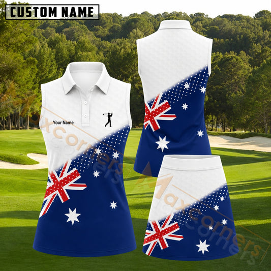 Maxcorners Blue And White Australian Flag Golf Personalized Name 3D Golf Shirt and Golf Skirt