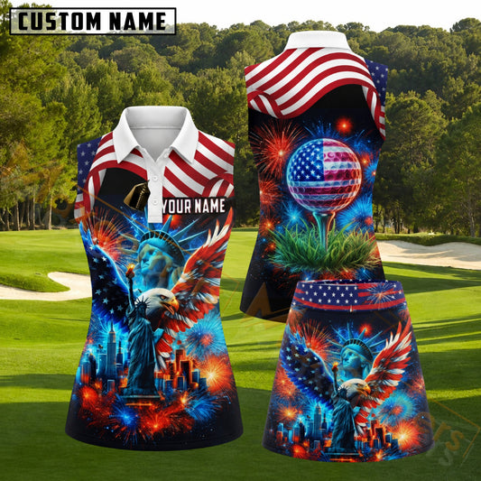 Maxcorners Statue Of Liberty Eagle Fireworks Golf Personalized Name 3D Golf Shirt and Golf Skirt